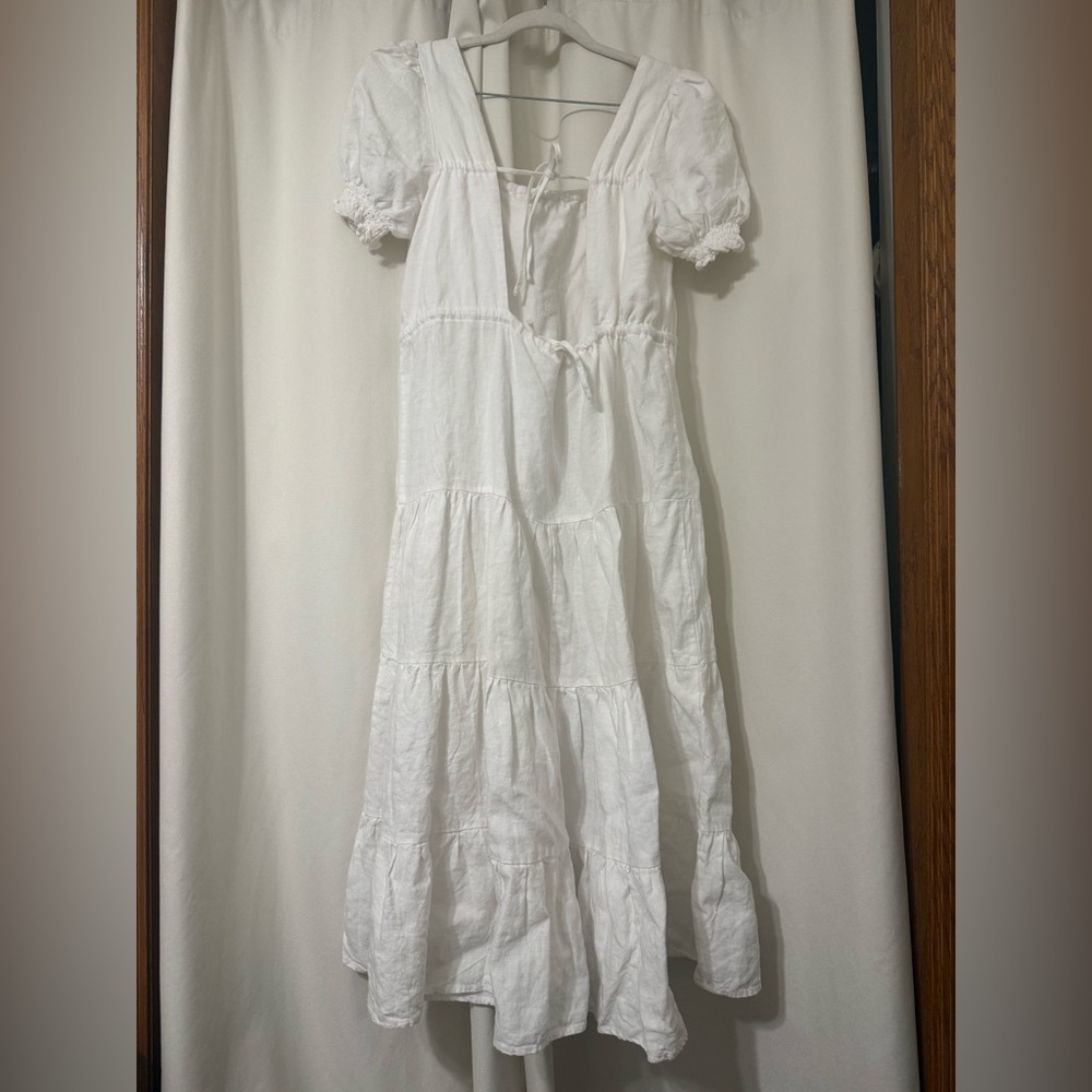 AERE Double Tie Back Short Sleeve Tier 100% Linen White Midi Dress Size 8 - Picture 7 of 11